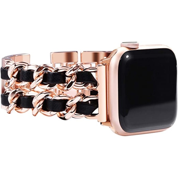 Rose gold black leather gold chain, women's double row metal str