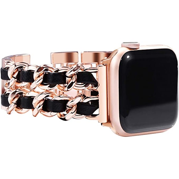 Rose gold sort læder guld kæde, dame dobbelt række metal str