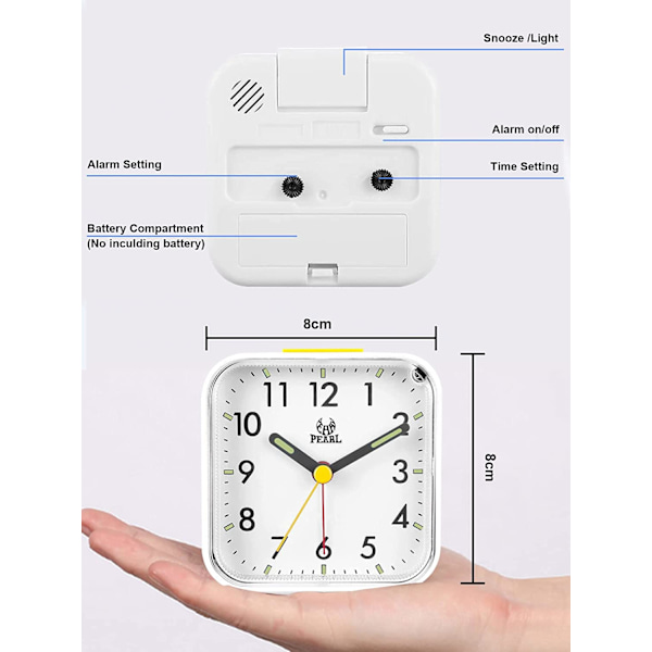 Analog Alarm Clock (Hvit) Stille Liten Reisevekkerklokke Ikke Ti