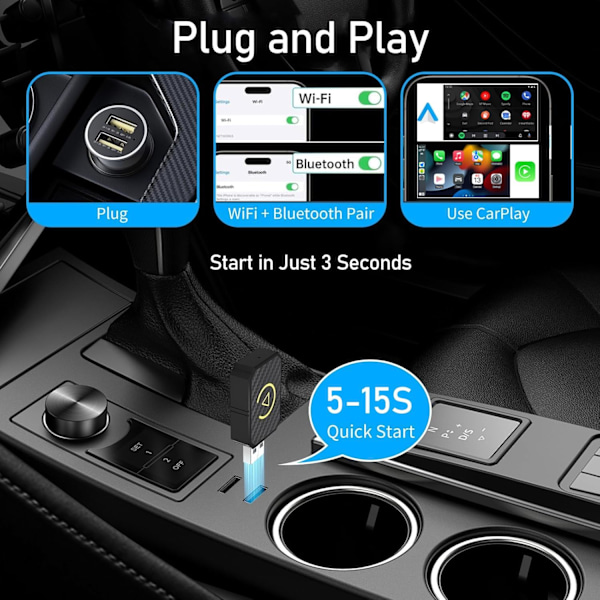 Trådlös CarPlay-adapter 2025 Uppgraderad, Trådlös CarPlay-dongel, Konverterar trådbunden CarPlay till trådlös (Guld)