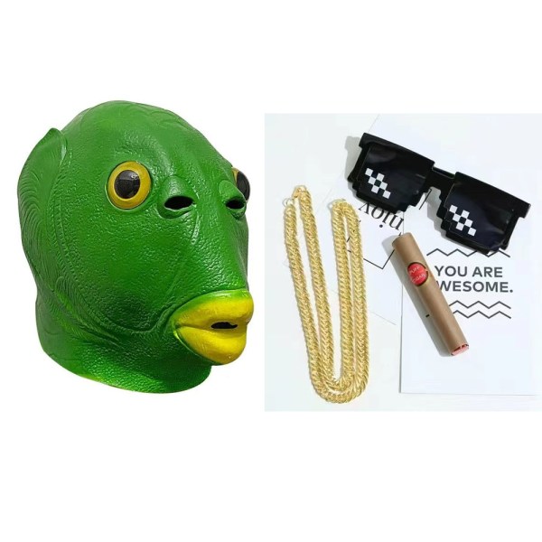 One piece Animal Headgear, Green Mouth Fish Latex Mas-k, Realist