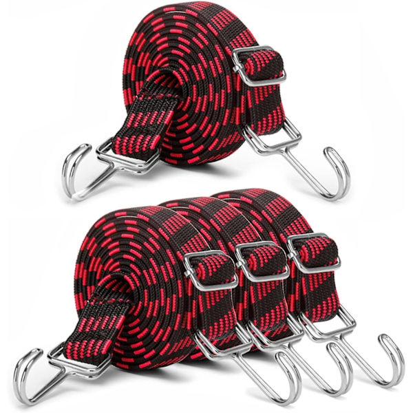 Bungee-snor (rød), 2 m justerbar flad bungee-snor med krogspænder - Pakke med 4 bungee-snore - Bungee-snore til toiletter, camping, rygsække, biler, cykler