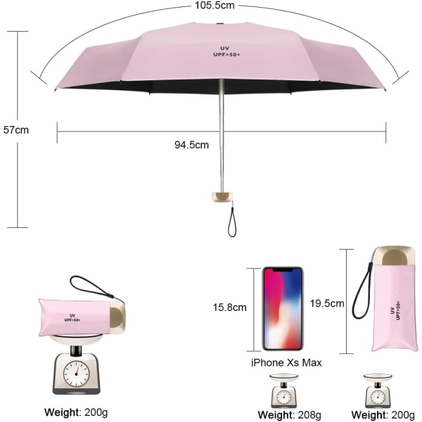 Blek rosa sammenleggbar paraply, parasoll og reiseparaply og min