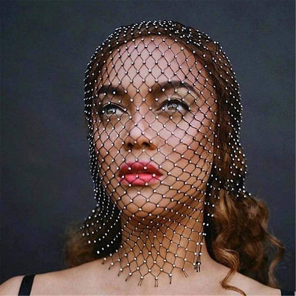 Glitrende krystall ansikts slør mesh rhinestone hode deksel kjede hul