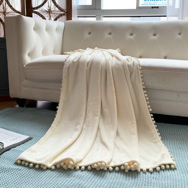 Flanellteppe med Pompom Nap Teppe Koselig Sengeteppe Sof