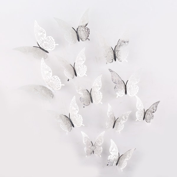12 stk 3D (sølv) sommerfuglevægklistermærker 3 størrelser sommerfuglevæg