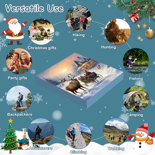 Adventskalender 2024 Vuxen - 24 Dagars Julnedräkning Överlevnadskit med Campingutrustning & Coola Prylar för Män, Jul