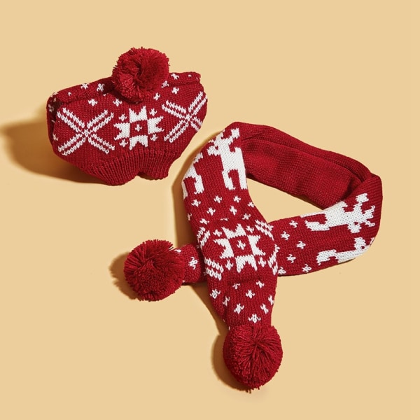 M, Rød julehundehue, vinterstrikket kæledyrshue med sød pompom