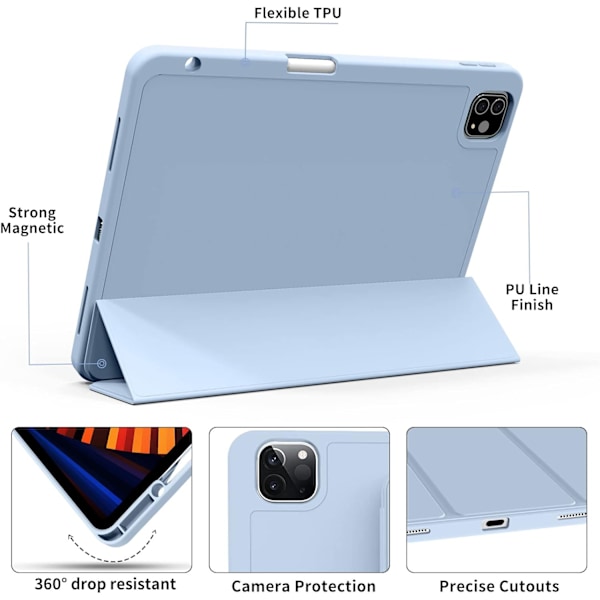 Taivaansininen, Suojakotelo iPad Pro 11-tuumaiselle (18/20/21/22), kynäpaikalla, erittäin ohut kolmiosainen Smart Cover, tukee P