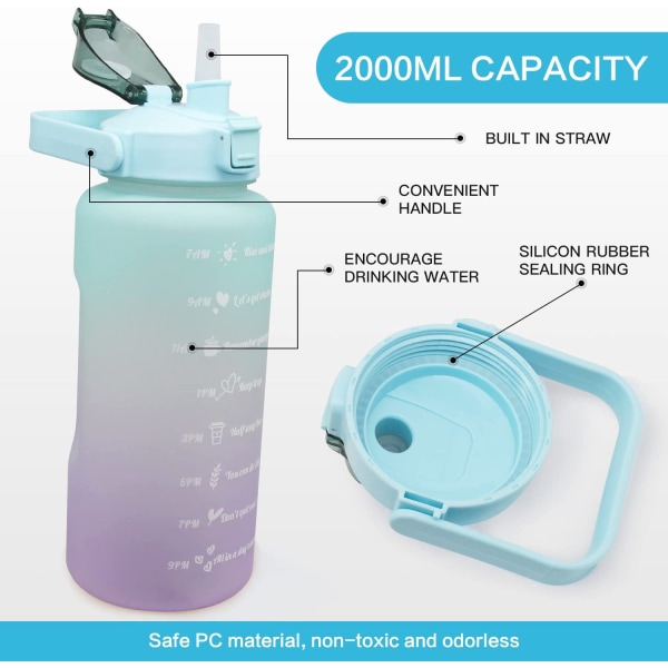 Blå + Grøn - 2 liters vandflaske, BPA fri, med motiverende t