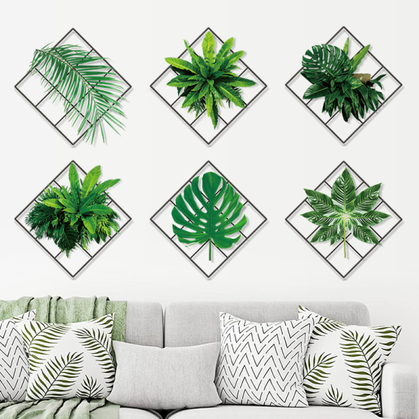 6 sæt vægklistermærker Grønne planter Grid-klistermærke Palmeblad DIY Wal