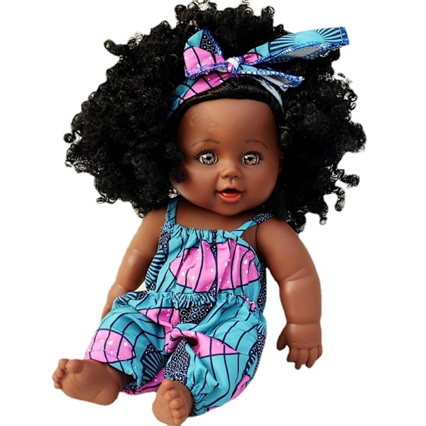 12 tum svart docka (rosa gröna hängslen), babyflicka docka afrik
