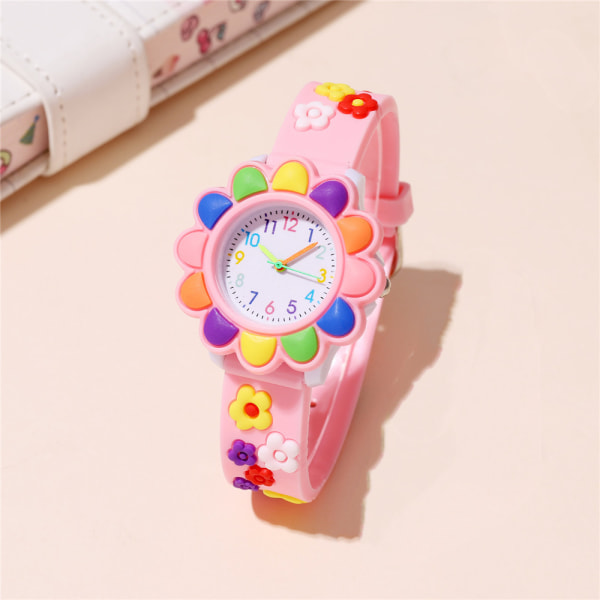Barneklokke (rosa, blomst), vanntett armbåndsur for barn kvarts