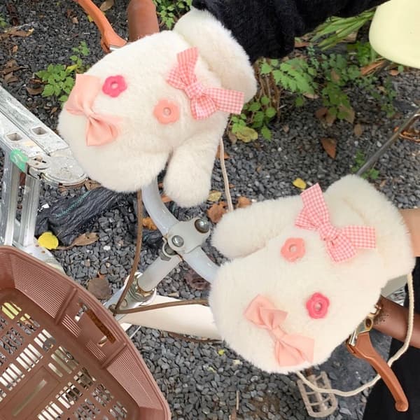 Plush Bow Plyschvantar Söta Student Stickade Vantar Varma Söta Vantar Vinter