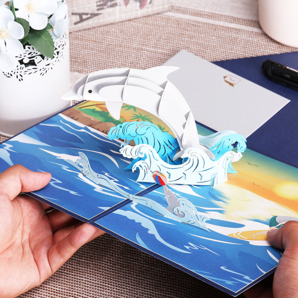 3D Dolphin -ponnahduskortti, syntymäpäiväkortti, kirjekuori mukana, syntymä