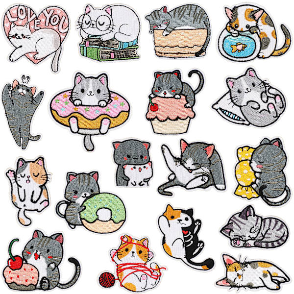 18 stk. stryge-på-patches, mini katte tøj patches, søde killing P