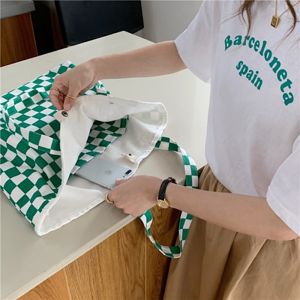 Rutiga canvas tote väska (grön 52*20*32cm) dam mjuk tote,