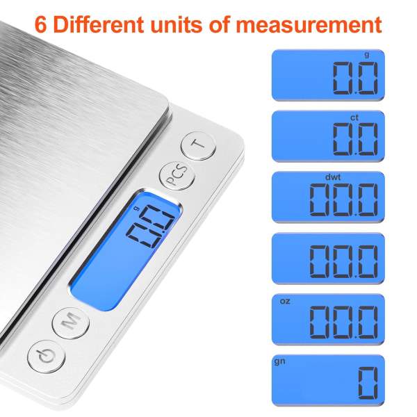 3kg/0,1g tarkka keittiövaaka, elektroninen, ruostumattomasta teräksestä valmistettu keittiövaaka LCD-näytöllä ja taarausfunktiolla, 6 yksikköä, ruoan punnitsemiseen ruoanlaittoon, leivontaan ja sekoittamiseen