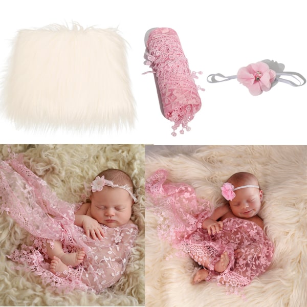 Baby Foto rekvisitter 3 Stk Beige+Pink Baby Fluffy Blanket+Newborn Wr
