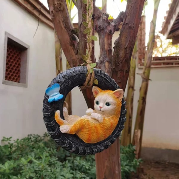 (Däckkatt)Kattstatydekor Hantverk Hartsskulptur Trädgårdsgunga O