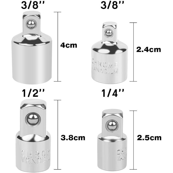 4 stk. Ratsjekoblingsadapter Sokkeladapter Ratsjekobling 1/2 til 3/8-3/8 til 1/2-1/4 til 3/8-3/8 til 1/4 Sokkelreducer til Sokler og B