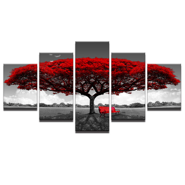 5-delt vægmaleri - stort rødt træ, non-woven lærred dekorat