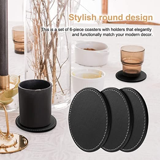 Sæt af imiteret læder coasters (6 coasters + 1 Torr), sort, rund
