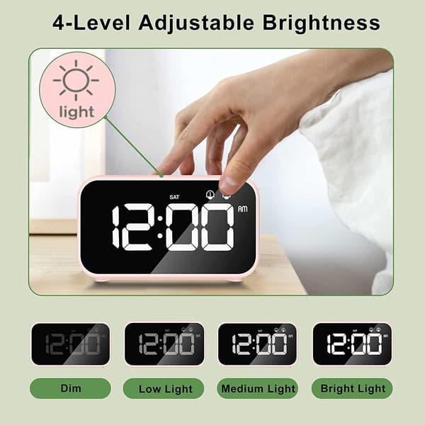 Rosa digital LED-vekkerklokke med slumrefunksjon, 2 alarmer, USB