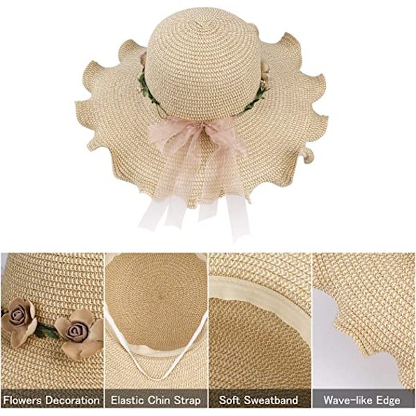 (57cm) Dame Halmhatt Bred Bremskjerm Solhatt UV-beskyttelse Sommer Fol