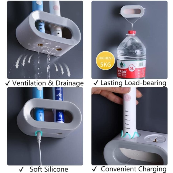 Elektrisk tandbørsteholder sæt med 2, vægmonteret drænbar el
