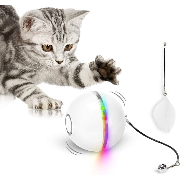 Hvit katteleke, lekeball med LED-lys, kattemynte, ringeklokke og fe