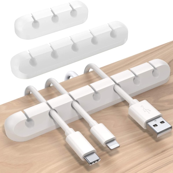 Desktop Cable Organizer Clips, hvitt sett med 3 kabelholdere, ledning