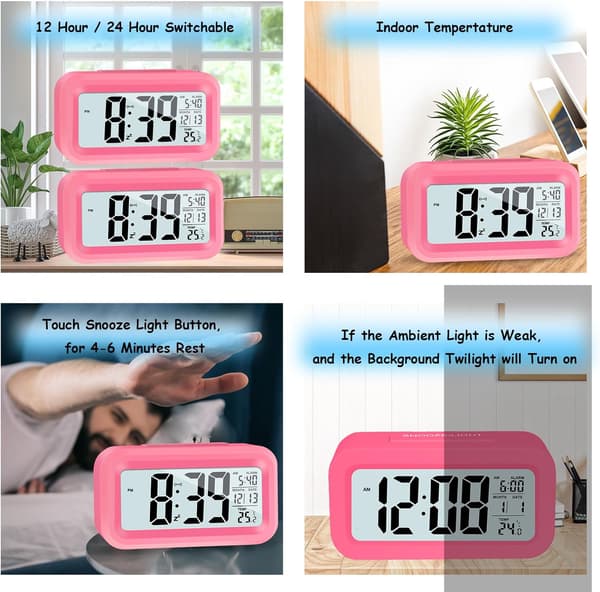 (Rose Red) LCD Digital Alarm Clock, Smart Digital Alarm Clock wit