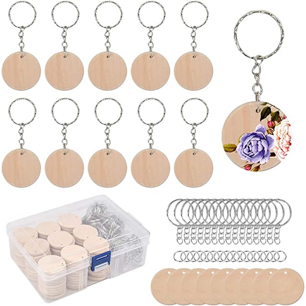 Pyöreät puukiekot 35mm 100kpl ja avainrengas, pyöreät puukiekot muokattavissa puinen avainrengas DIY-ympyrät puulevyistä 3mm reiällä, joulukoristeet ripustuskoristeet