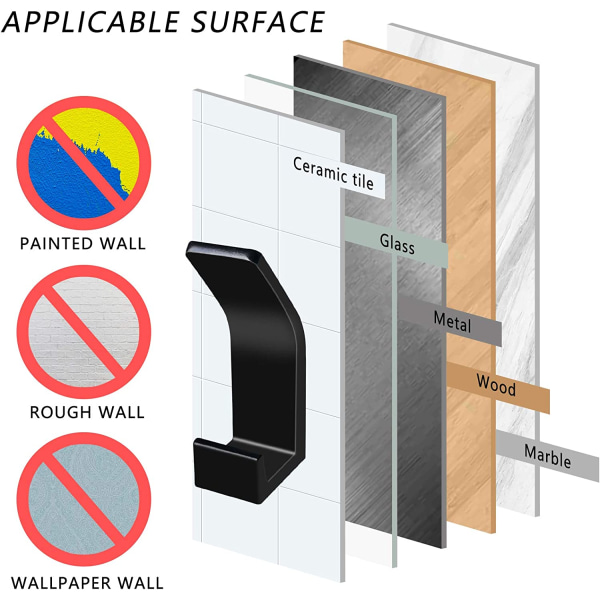 6 Stykker Svarte Selvklebende Kroker, Kroker, Håndkleholder uten Boring