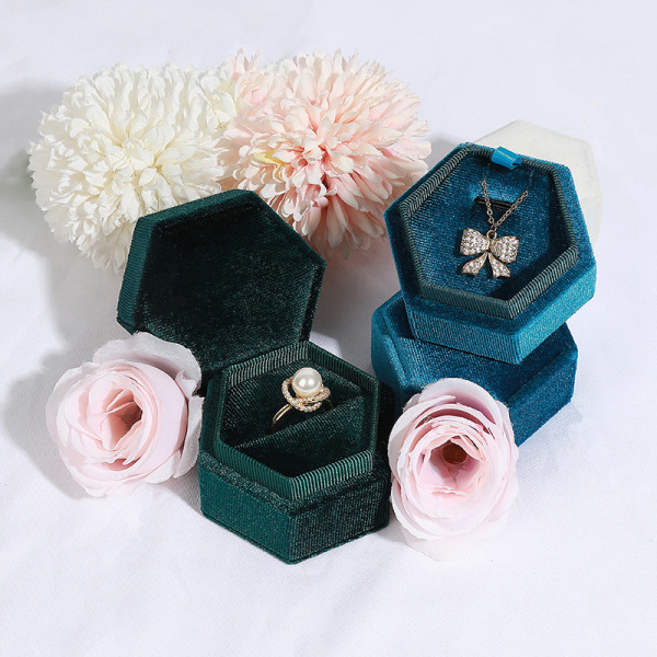 Fløyelsringboks Dobbel Spor Hexagonal Ringboks, Svart Rosa 2 Pie