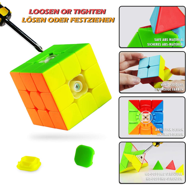 Speed ​​​​Cube Sett 2x2 3x3 4x4 Pyramid Magic Cube, glatt klistremerke