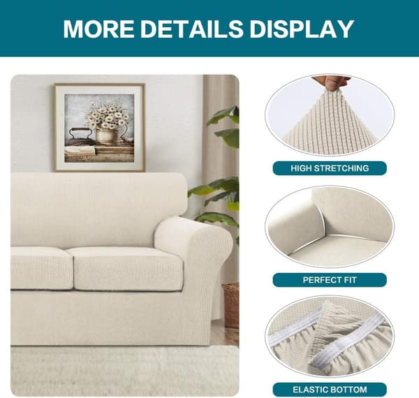 4-delers Sofadeksel for 3-seters Sofa, Sofa Trekk Myk Sofa Deksel (Biscotti Beige)