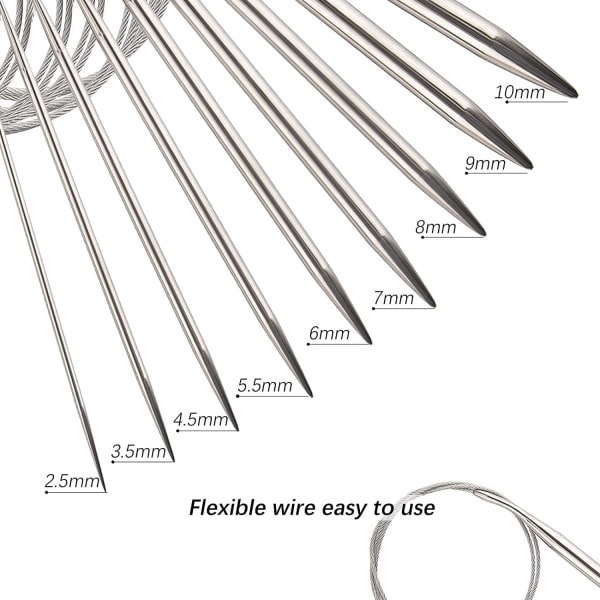 Runda stickningsnålar i rostfritt stål, stickningsnålar för tröjor 43 cm dubbelsidiga garnnålar med metalltråd (2,5/3,5/4,5/5,5/6/7/8/9/10 mm)