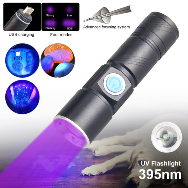 Alumiiniseos mini- USB taskulamppu (violetti valo), LED vahva valo re