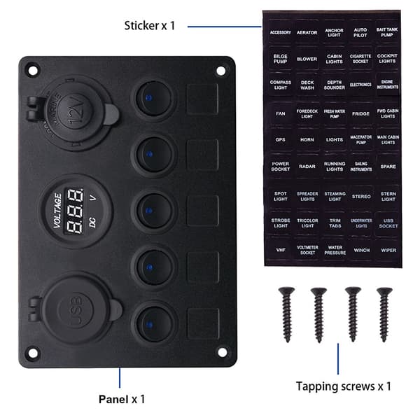 5-girs multifunksjons vippebryter grønn bakgrunnsbelyst dobbel USB-lader + digitalt voltmeter + 12V uttak forhåndskoblet bryterpanel