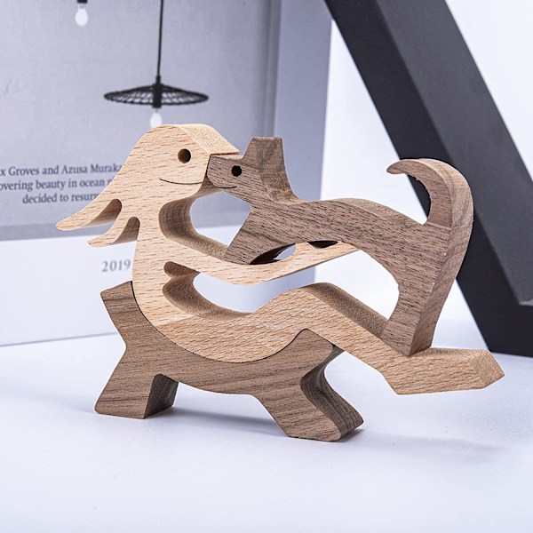 Træhund Kat Familie Statue, Håndlavet Træ Dekoration, Sød