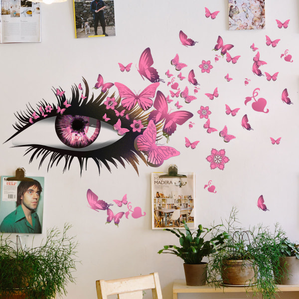 2-delt sett (rosa) vakre sommerfuglklistremerker med øyne，Avtakbare W