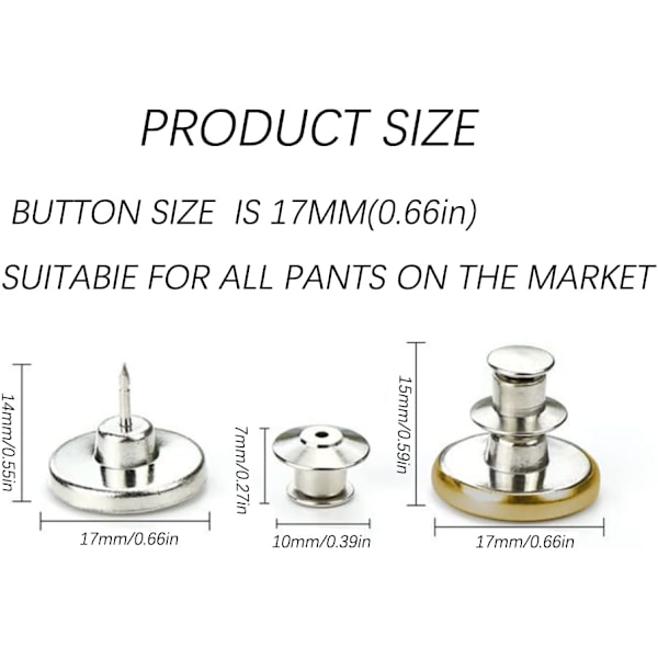 10 kpl farkkujen nappeja, 17 mm irrotettavat metalliset DIY-napit, säädettävät
