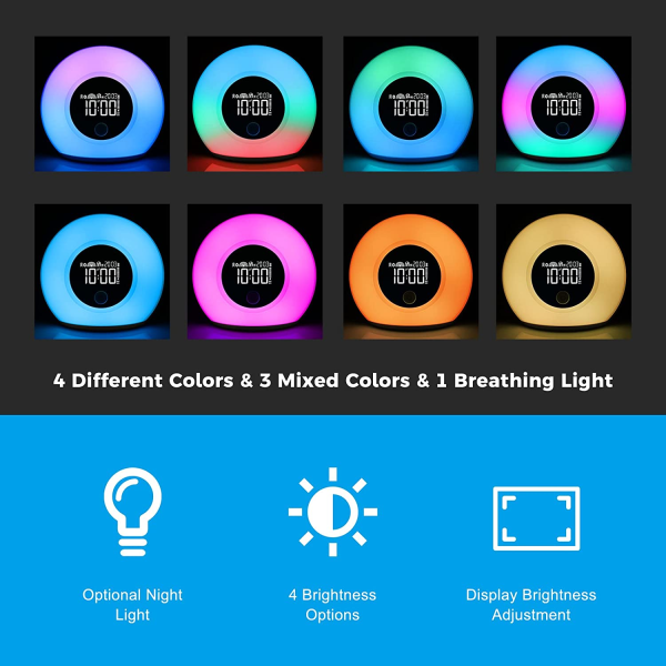 Väckarklocka med ljus och Bluetooth-högtalare, nattlampa för barn,