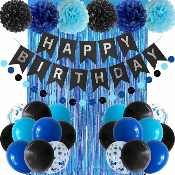 Party-paket, Ballonger & Girlang, Vit och Blå Ballongridå med Metallfransar, Partyballong