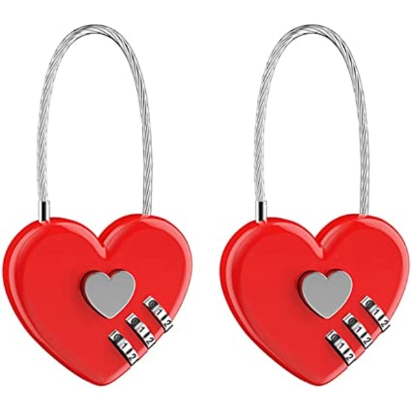 2-pak hjerte-hængelås-wire - rød, 3-cifret kombinationslås M