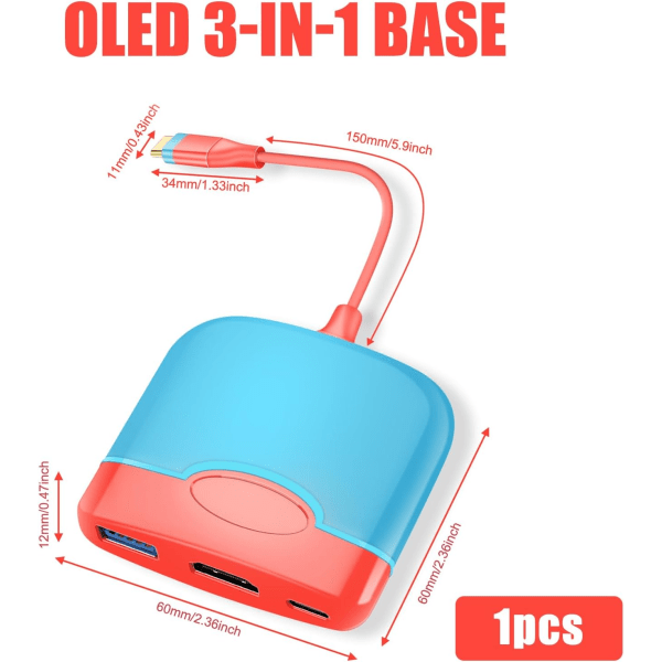 (Blå + Röd) Dock för Nintendo Switch OLED, USB Typ C till HDMI Adapter med 4K HDMI, Switch 3-i-1 USB-C Hub USB 3.0 Typ C Port 100W PD Snabbladdning för Nintendo Switch/Switch OLED