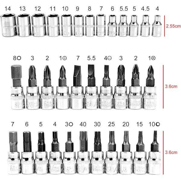 46-delad hyls- och spärrnyckelsats kromvanadin 1/4\" spärrnyckeladapterset hylslåda