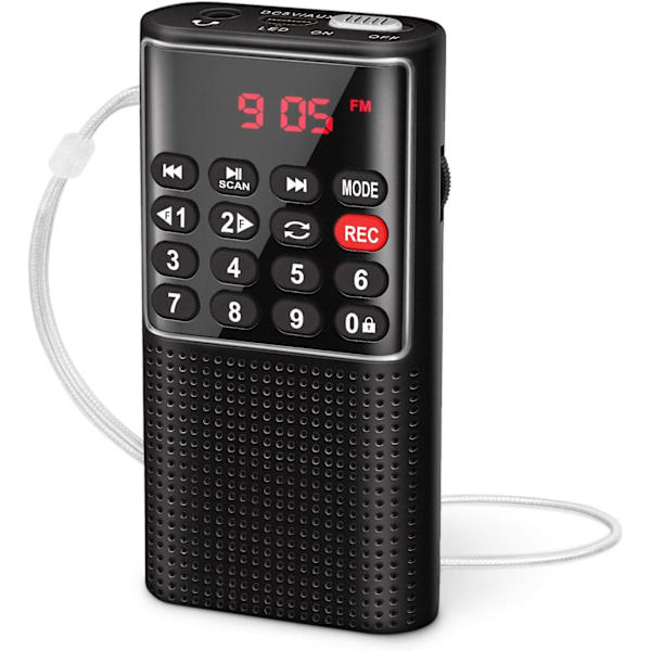 Pieni kannettava FM-radio (musta) ääninauhurilla ja SD/TF/AUX-musiikkisoittimella